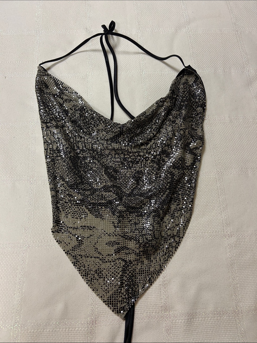 Sequin Halter Scarf Top in snake print Black and Silver